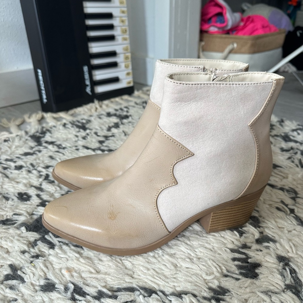 Qupid Tan Ankle Booties with Western Flair